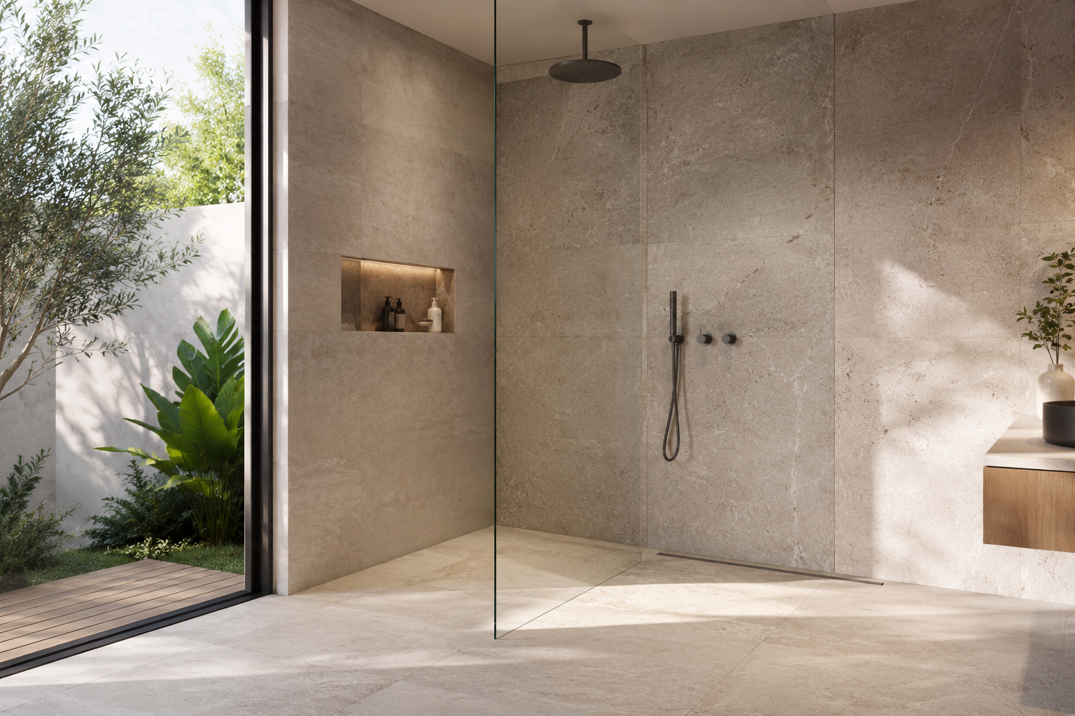 Douche à l'italienne carrelée par Atelier Mosaïk