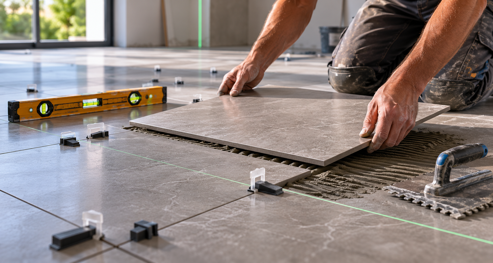 Détail d'une pose de carrelage en cours par Atelier Mosaïk