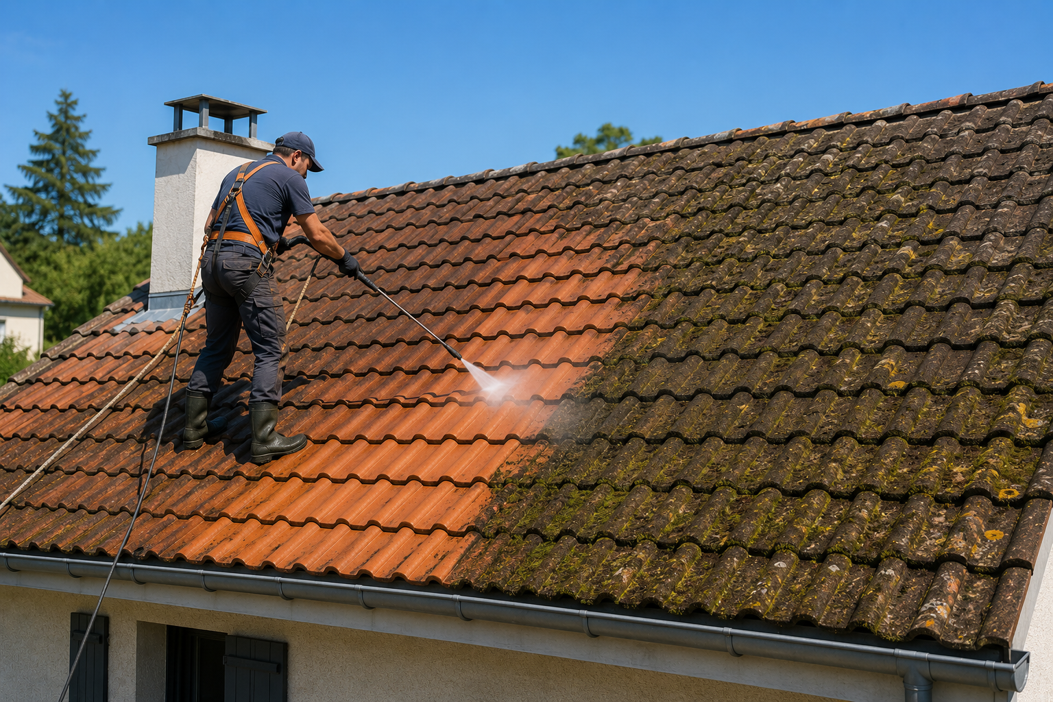 Démoussage de toiture en cours