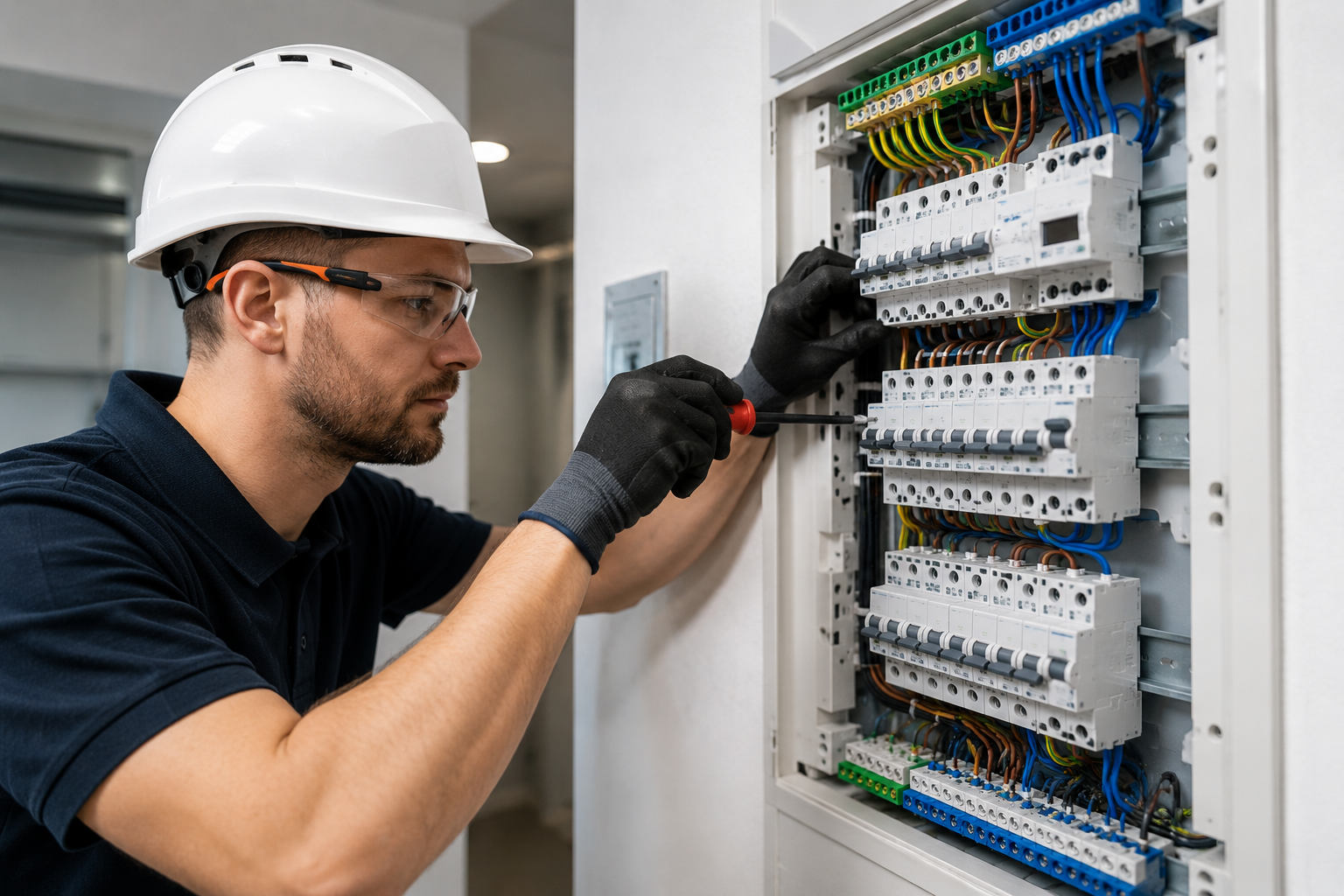 Électricien Voltys au travail sur un tableau électrique